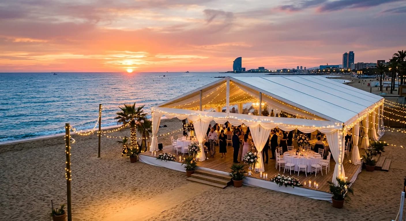 Beach club event venue on Barceloneta waterfront in Rome with Mediterranean views