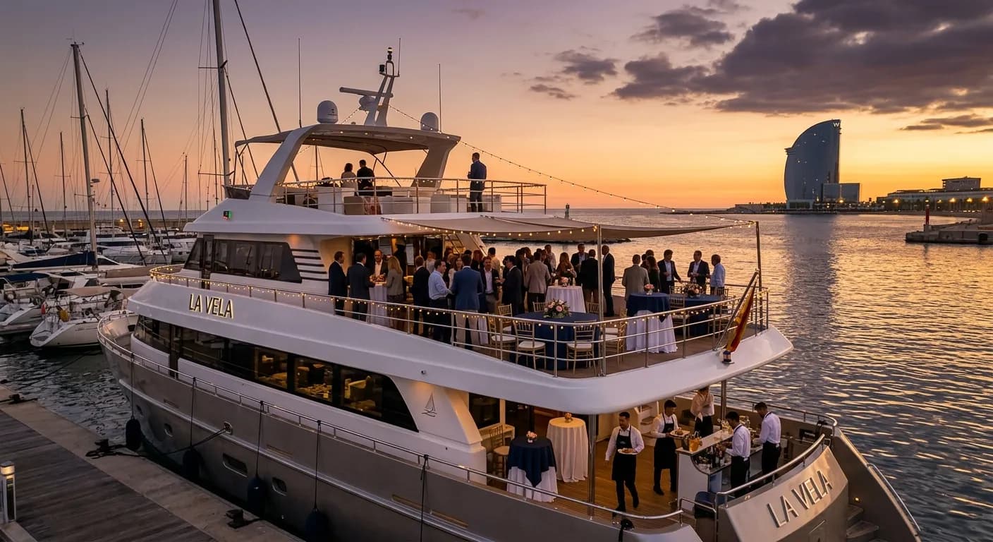 Private yacht event venue in Port Olimpic Rome with team celebrating on deck
