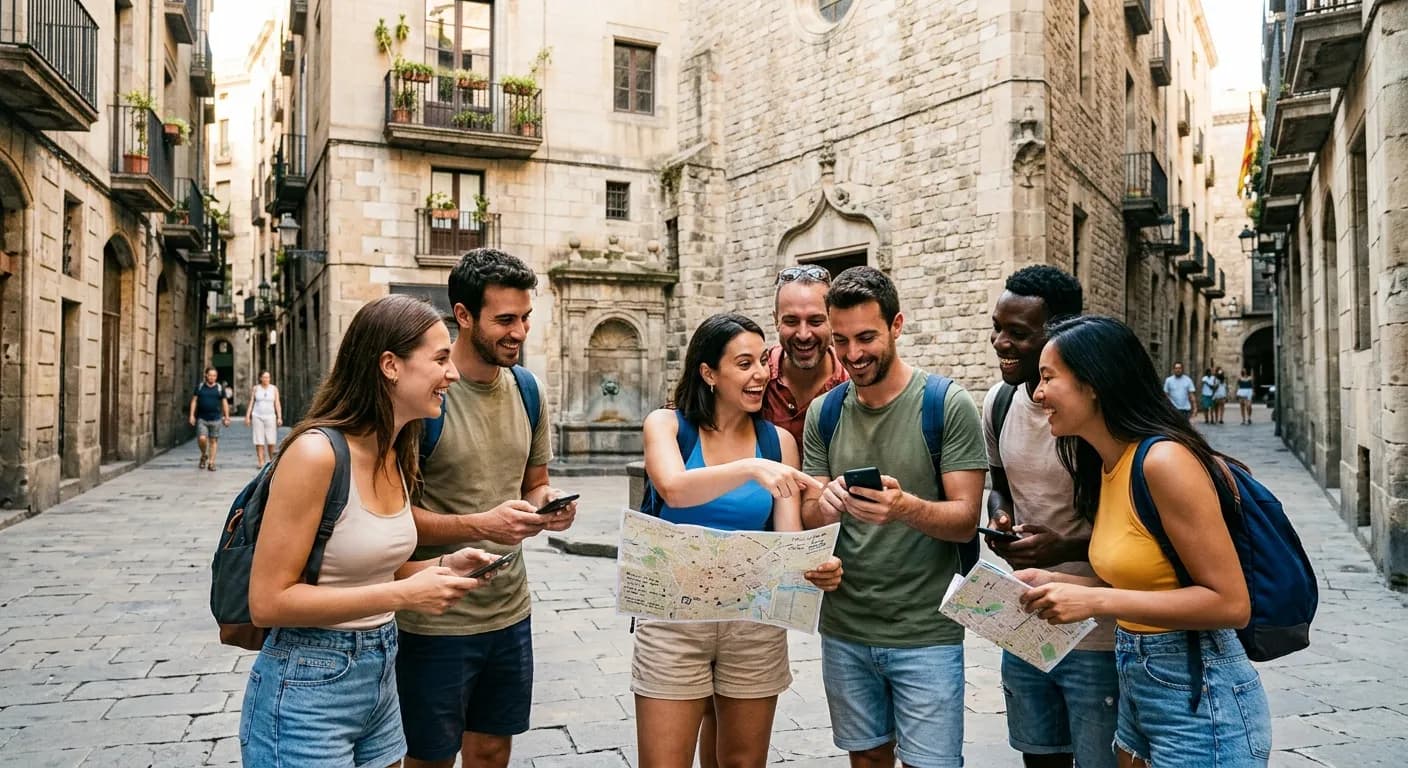 Corporate team completing a photo challenge at Sagrada Familia during a Rome city rally