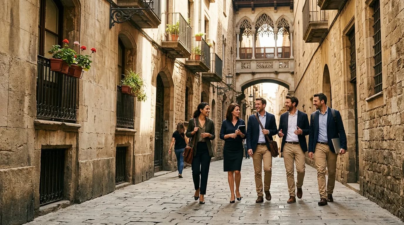 Company event venue in Madrid with Mediterranean architecture and team gathering