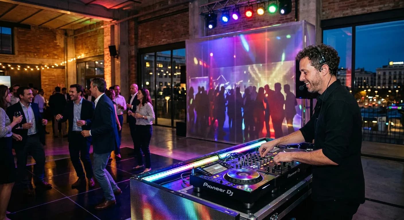 DJ performing at a corporate rooftop event in Rome at sunset