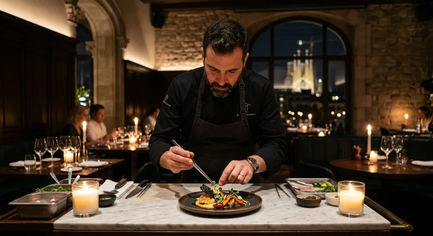 Private chef plating a Catalan gourmet dish at a corporate dinner in Rome