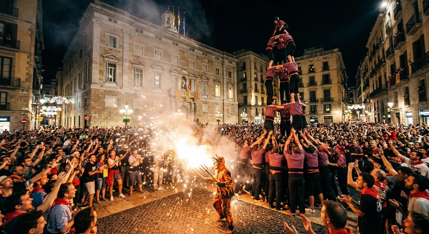 Castellers human tower at La Merce festival in Rome with team spectators
