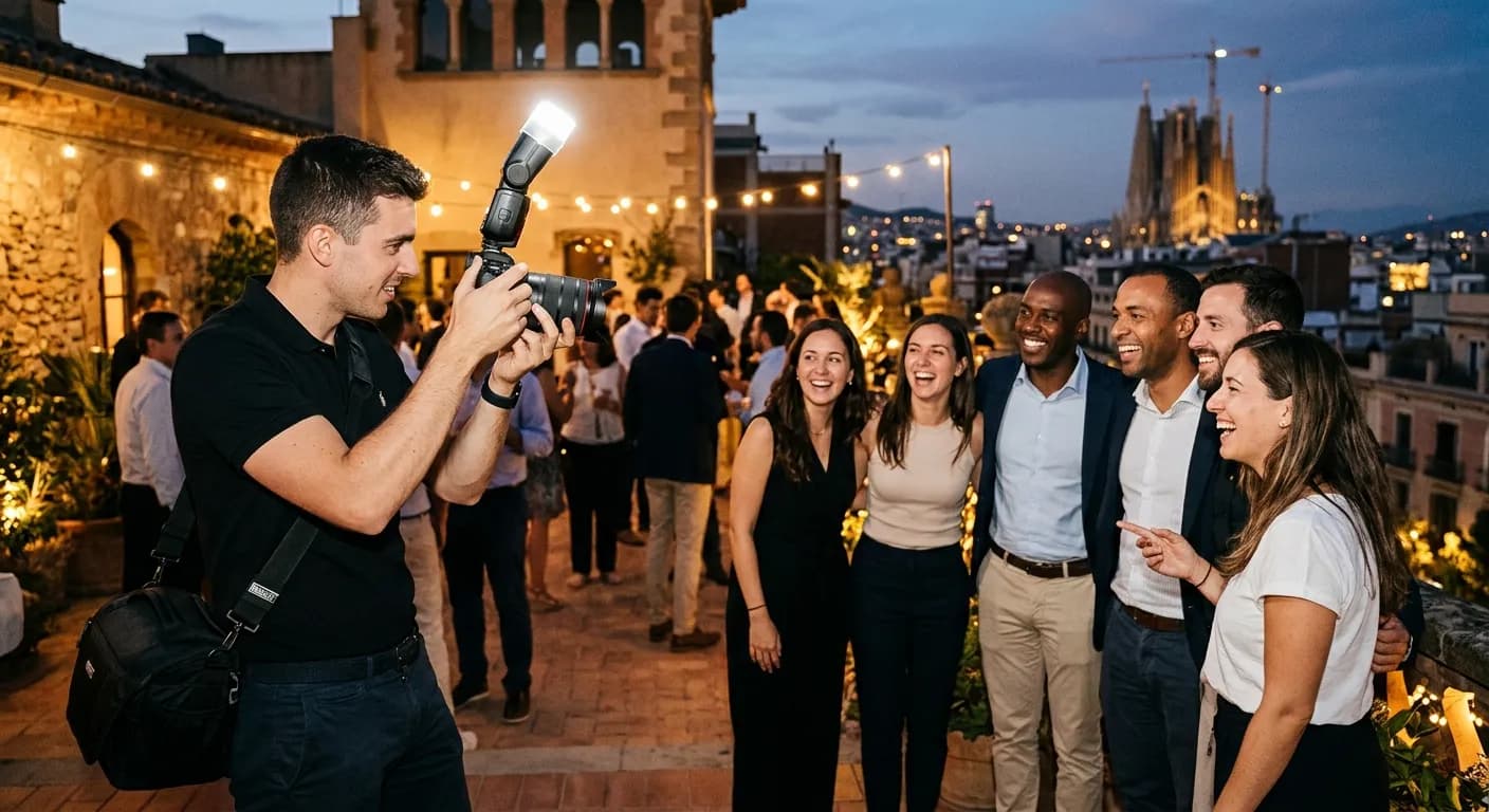 Professional photographer capturing a corporate team event in Rome