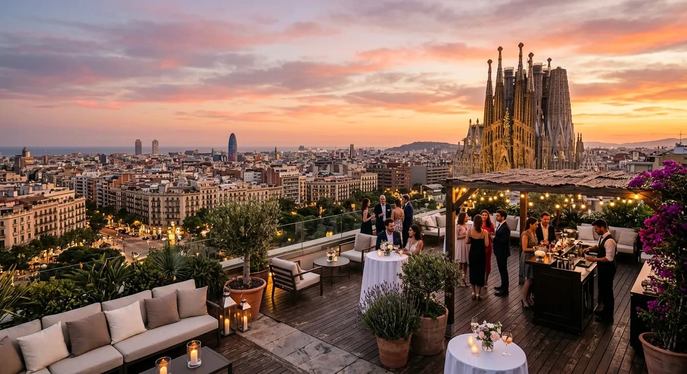Rooftop terrace event venue in Rome with Mediterranean skyline view at sunset