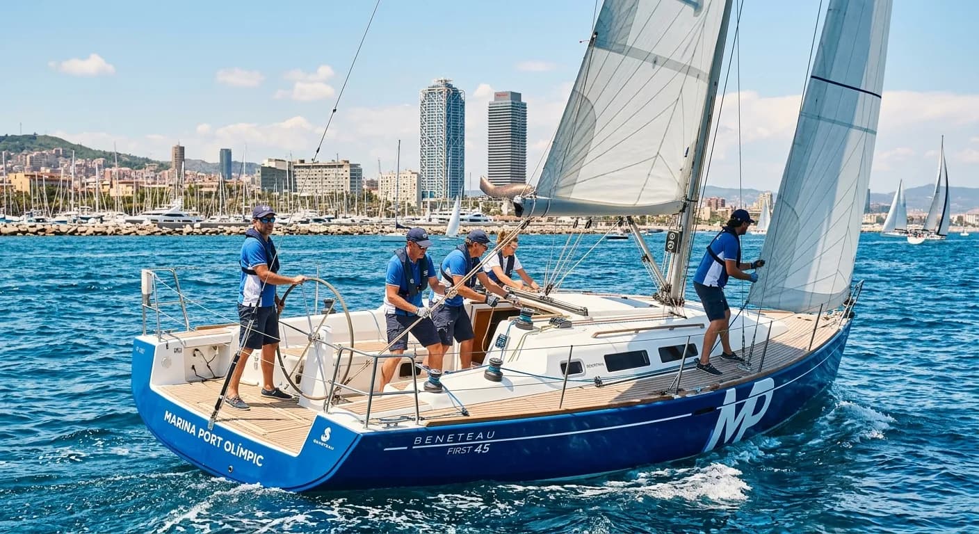 Sailing regatta team building yacht at Port Olimpic Madrid