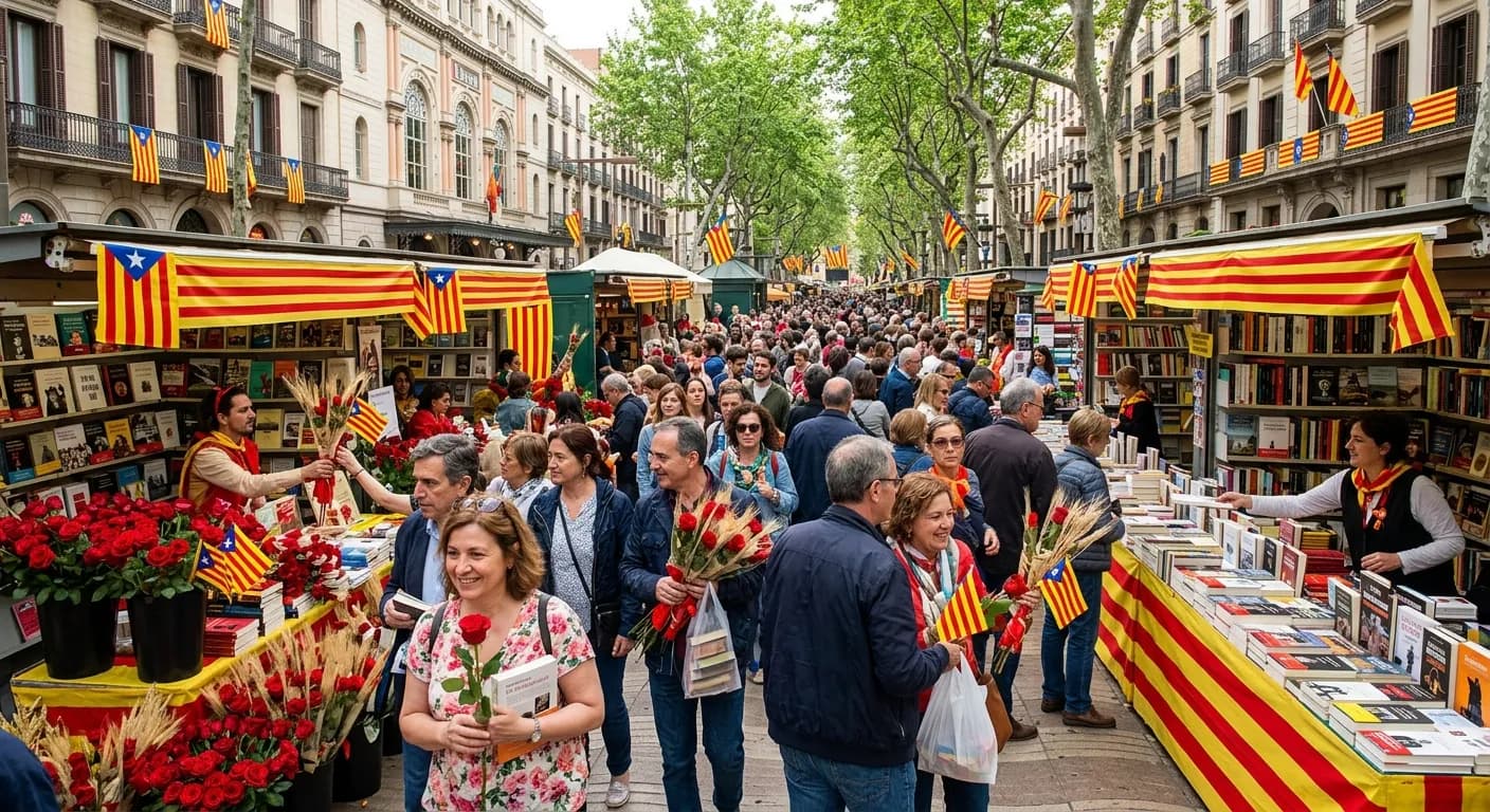 Sant Jordi rose and book stalls on the Rambla in Rome with team visitors