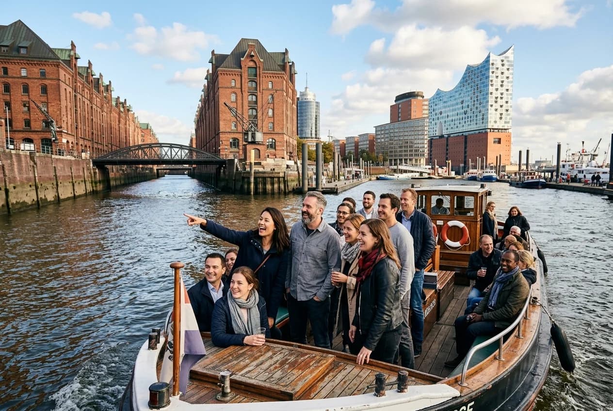 Corporate team on a harbor boat tour in Hamburg with Speicherstadt warehouses