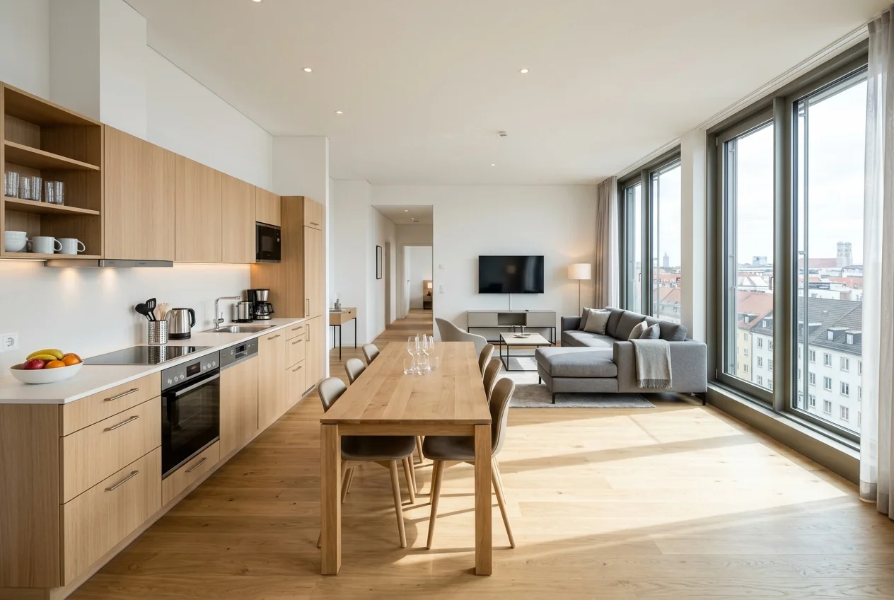 Modern aparthotel suite in Cologne with kitchen and living area for extended team stays