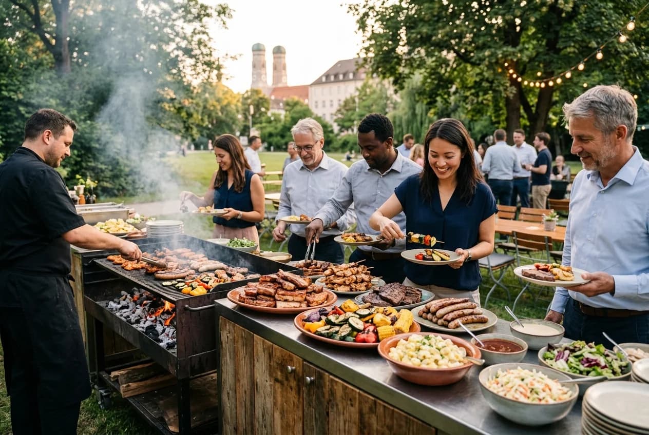 BBQ and grill buffet catering at a corporate outdoor event in Zurich with Bavarian-style grilling