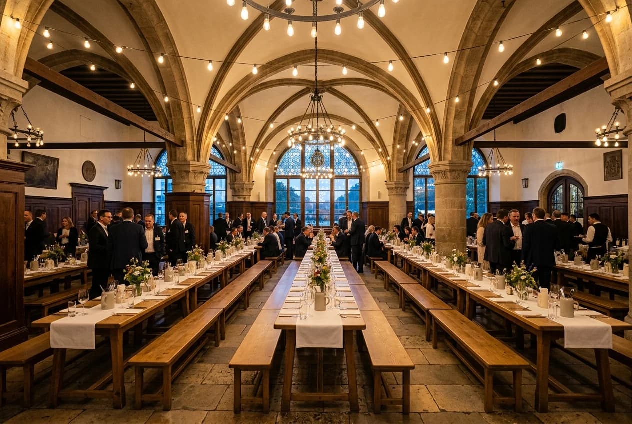 Traditional Vienna beer garden event venue with long tables under chestnut trees