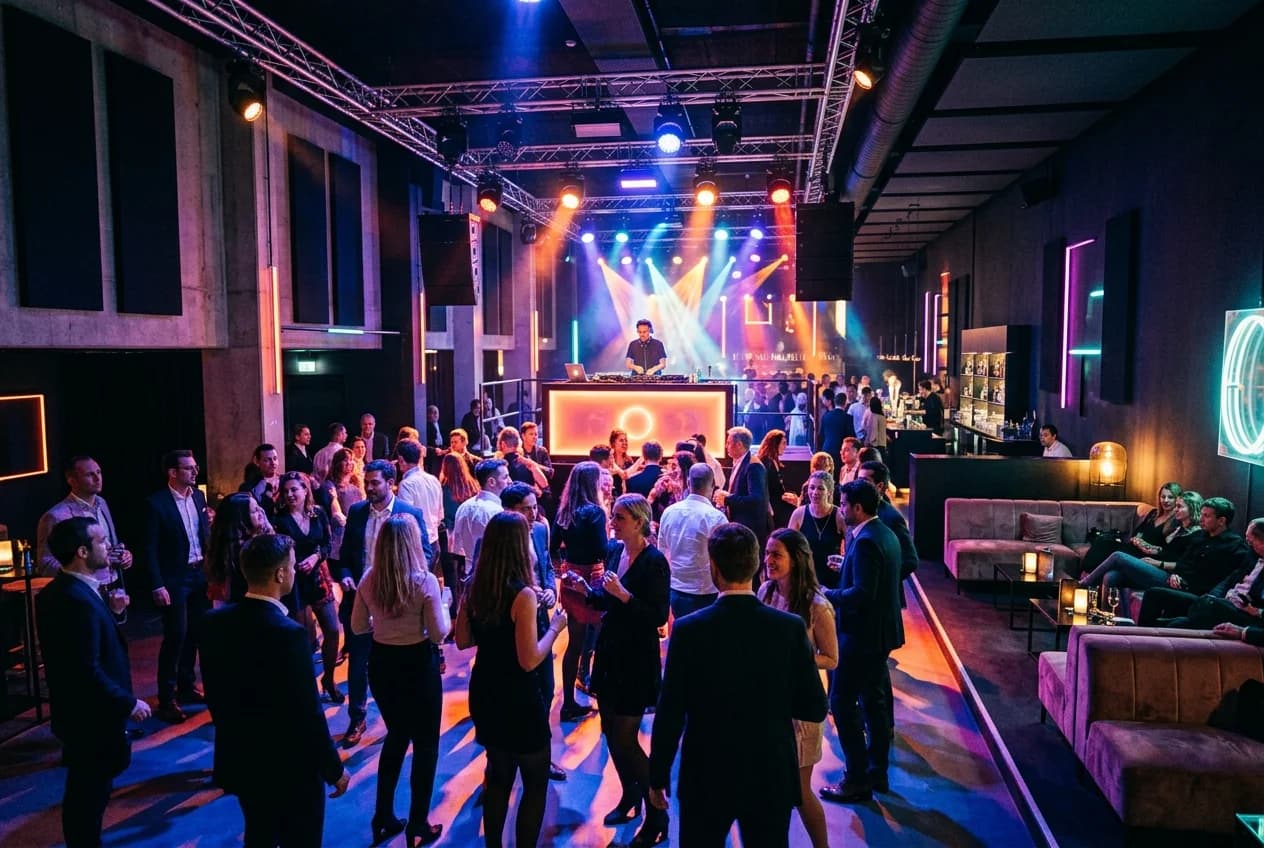 Corporate party at a club venue in Vienna Werksviertel with professional lighting and dance floor