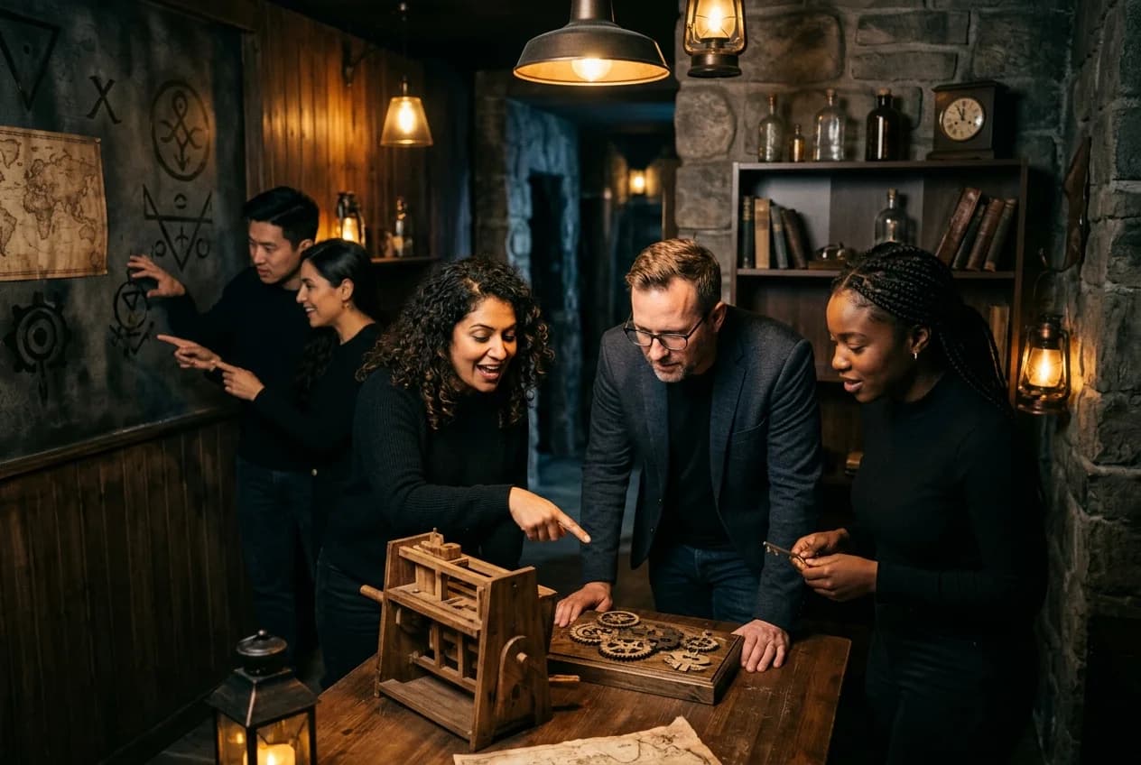 Corporate team solving puzzles in a themed escape room in Zurich