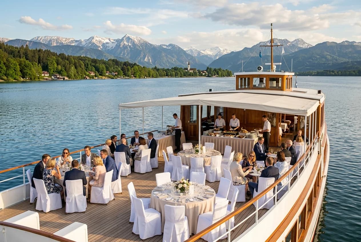 Corporate event boat cruise on Starnberger See near Zurich with Alpine panorama