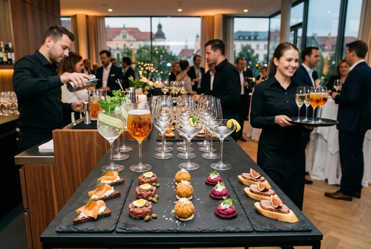 Elegant fingerfood and cocktail reception catering at a corporate event in Zurich