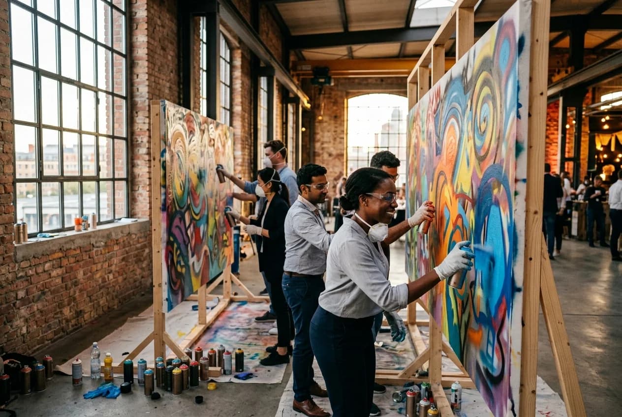 Corporate team at a graffiti workshop in Vienna Werksviertel with spray cans and urban art backdrop