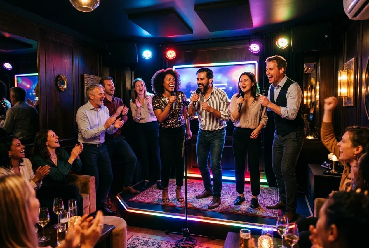 Corporate team singing in a private karaoke room in Zurich