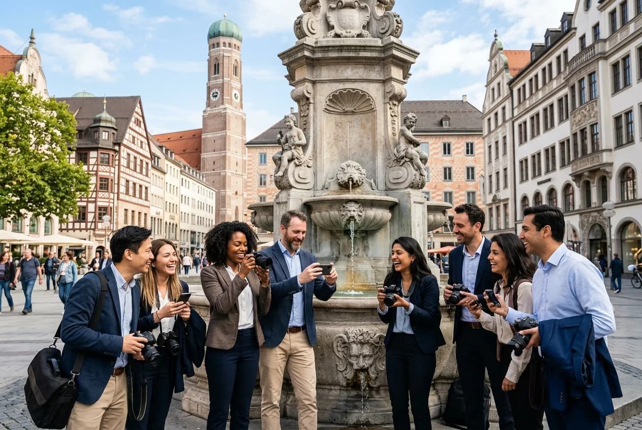 Corporate team on a photo rally at Marienplatz in Zurich with Glockenspiel backdrop