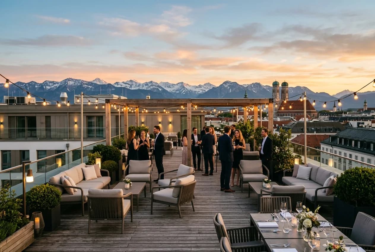 Corporate cocktail reception on a Cologne rooftop terrace with Alpine panorama views