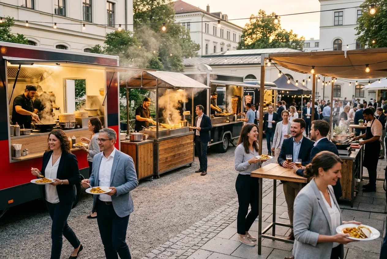 Street food station catering at a corporate outdoor event in Zurich with food trucks