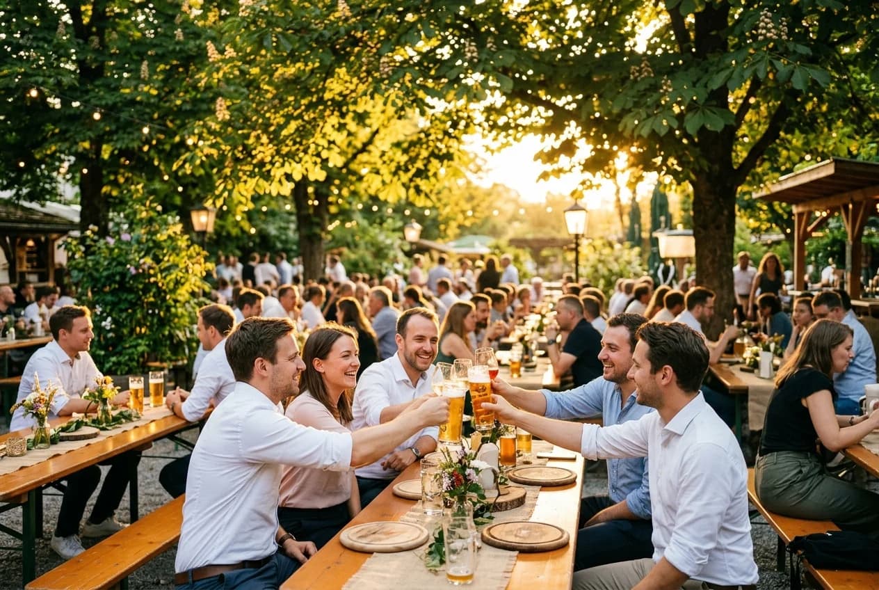 Corporate summer party in a Zurich beer garden with team celebrating under chestnut trees