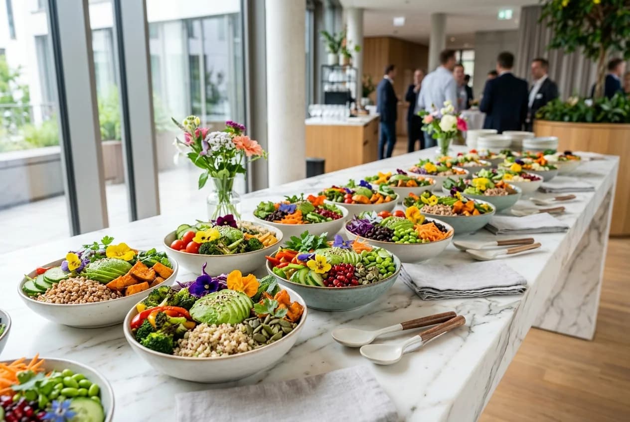 Vegan catering spread at a corporate event in Vienna with colorful plant-based dishes