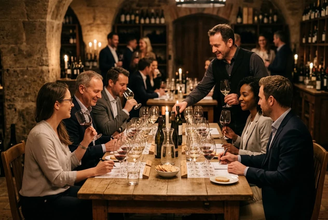 Corporate group at a sommelier-guided wine tasting in Zurich Haidhausen